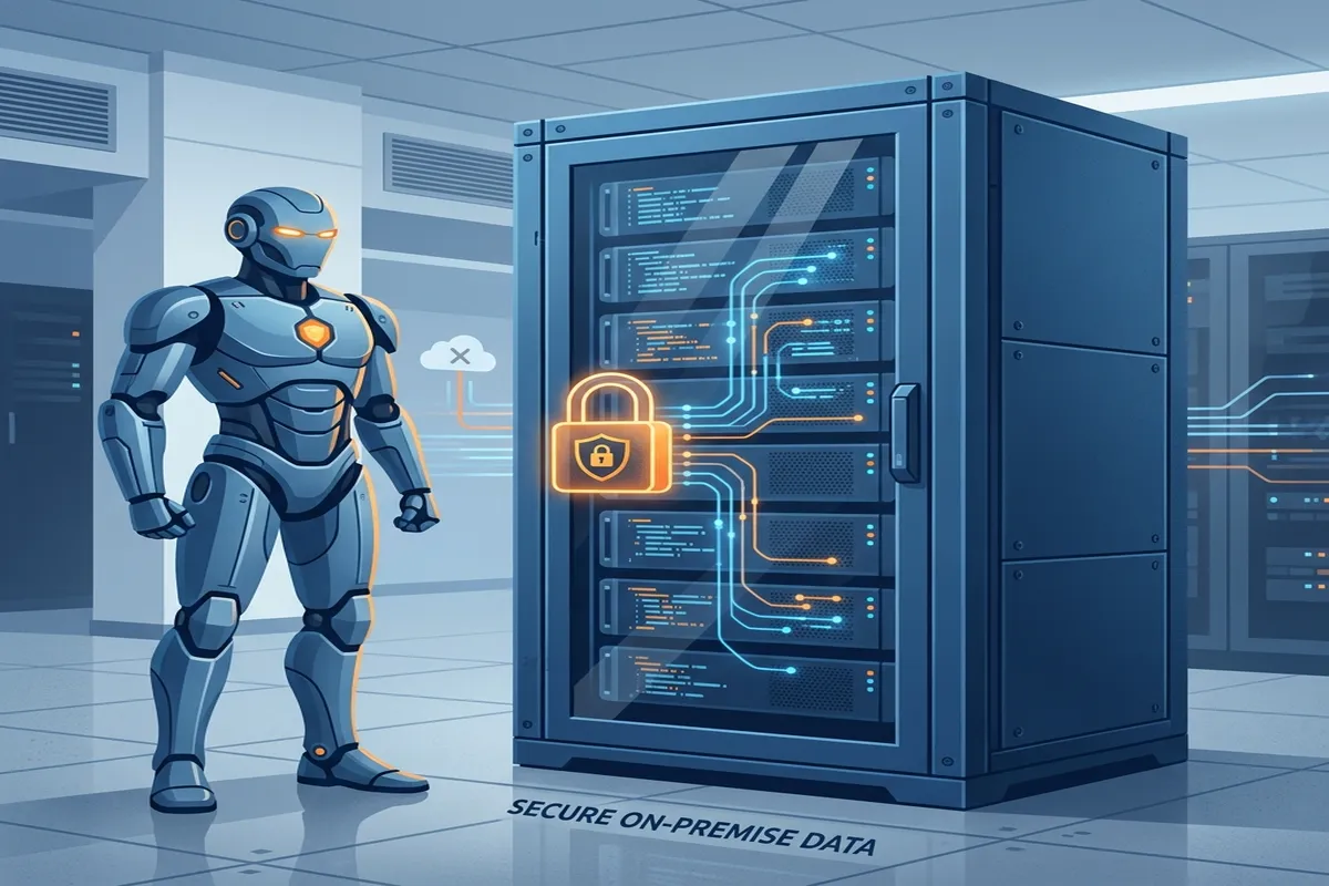 Ilustrasi Robot Ikonik Menjaga Keamanan Arsitektur n8n On-Premise Tertutup