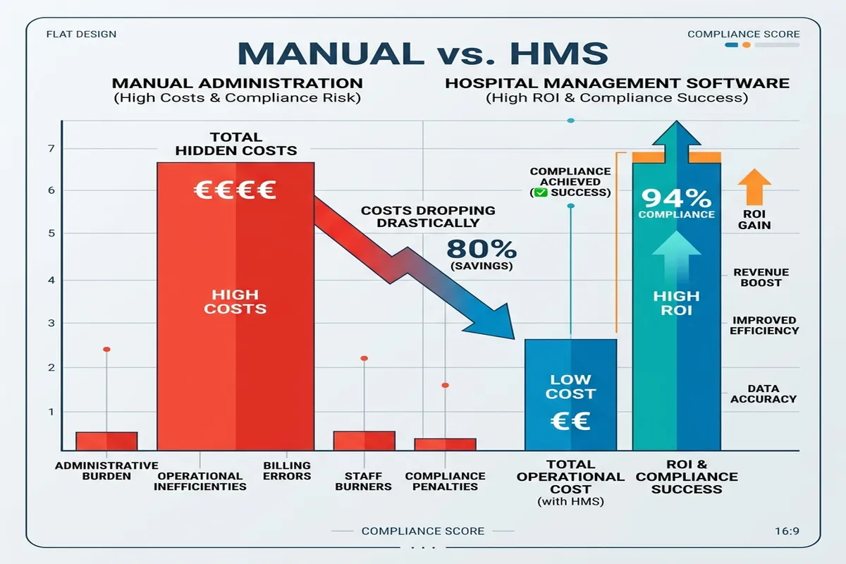 Grafik Finansial Perbandingan Biaya Manual vs ROI Sistem Manajemen RS