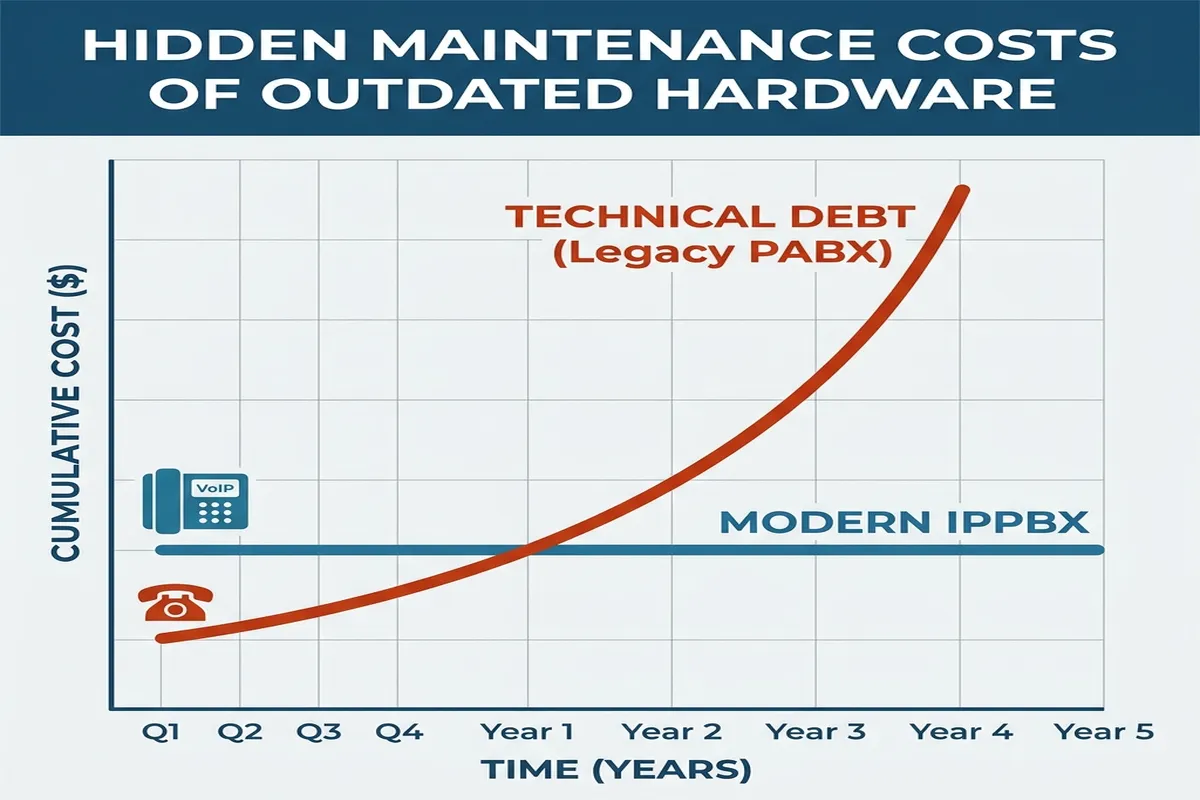 Grafik Lonjakan Biaya Technical Debt PABX vs IPPBX Modern